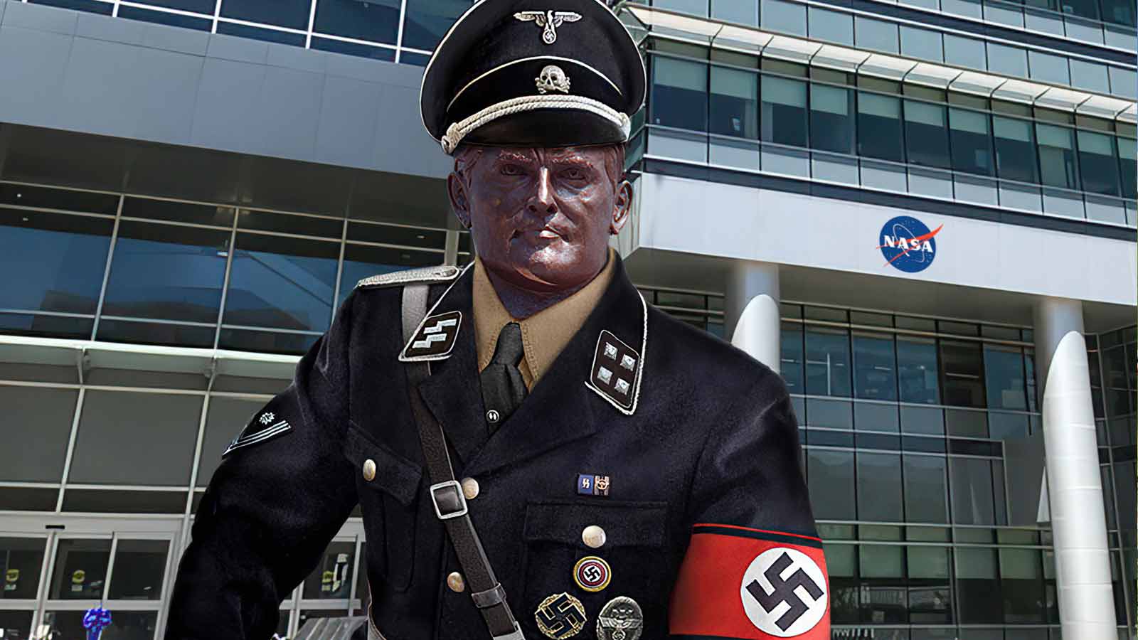 The statue of Wernher von Braun, dressed as a Nazi at Nasa